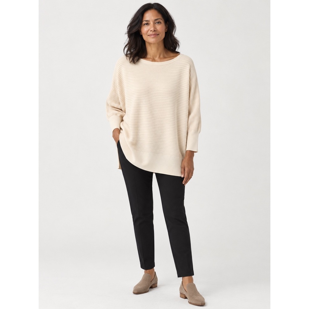 Eileen Fisher Cream Wool Blend Ribbed Boxy Boat Neck Sweater Medium R18FVH
